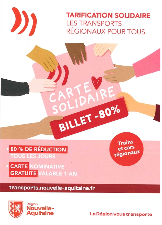 Affiche Carte solidaire transports billet à -80% en Nouvelle Aquitaine